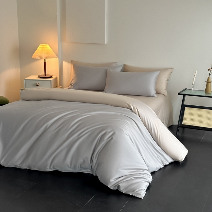 91家纺网 家纺一手货源 找家纺 ONE TWO ONE 121 2025新款高支高密长绒棉纯棉双拼撞色四件套-热麦系列 暮山烁灰