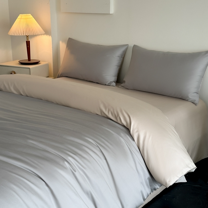 91家纺网 家纺一手货源 找家纺 ONE TWO ONE 121 2025新款高支高密长绒棉纯棉双拼撞色四件套-热麦系列 暮山烁灰