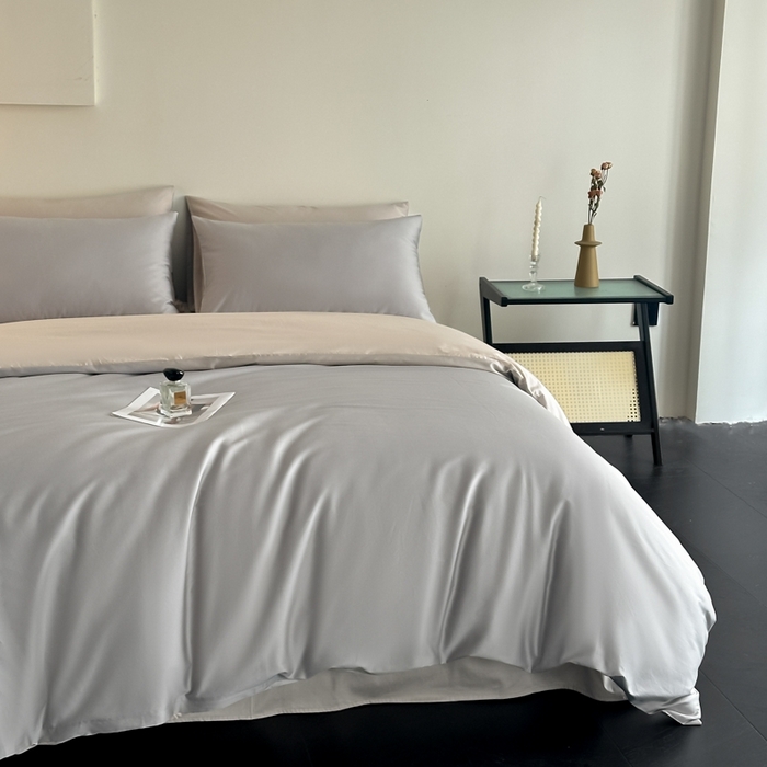 91家纺网 家纺一手货源 找家纺 ONE TWO ONE 121 2025新款高支高密长绒棉纯棉双拼撞色四件套-热麦系列 暮山烁灰