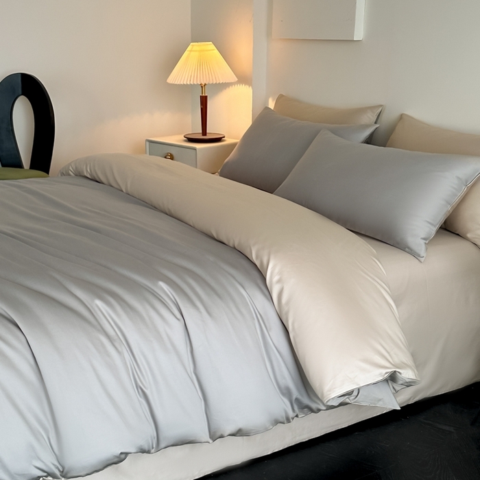 91家纺网 家纺一手货源 找家纺 ONE TWO ONE 121 2025新款高支高密长绒棉纯棉双拼撞色四件套-热麦系列 暮山烁灰