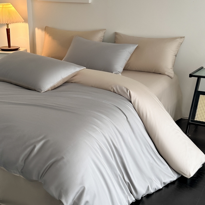 91家纺网 家纺一手货源 找家纺 ONE TWO ONE 121 2025新款高支高密长绒棉纯棉双拼撞色四件套-热麦系列 暮山烁灰