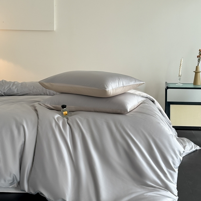 91家纺网 家纺一手货源 找家纺 ONE TWO ONE 121 2025新款高支高密长绒棉纯棉双拼撞色四件套-热麦系列 暮山烁灰