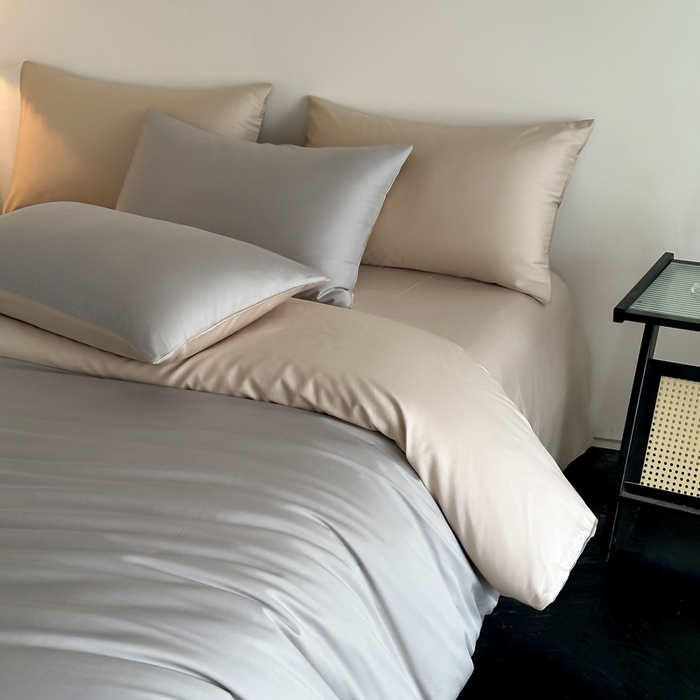 91家纺网 家纺一手货源 找家纺 ONE TWO ONE 121 2025新款高支高密长绒棉纯棉双拼撞色四件套-热麦系列 暮山烁灰