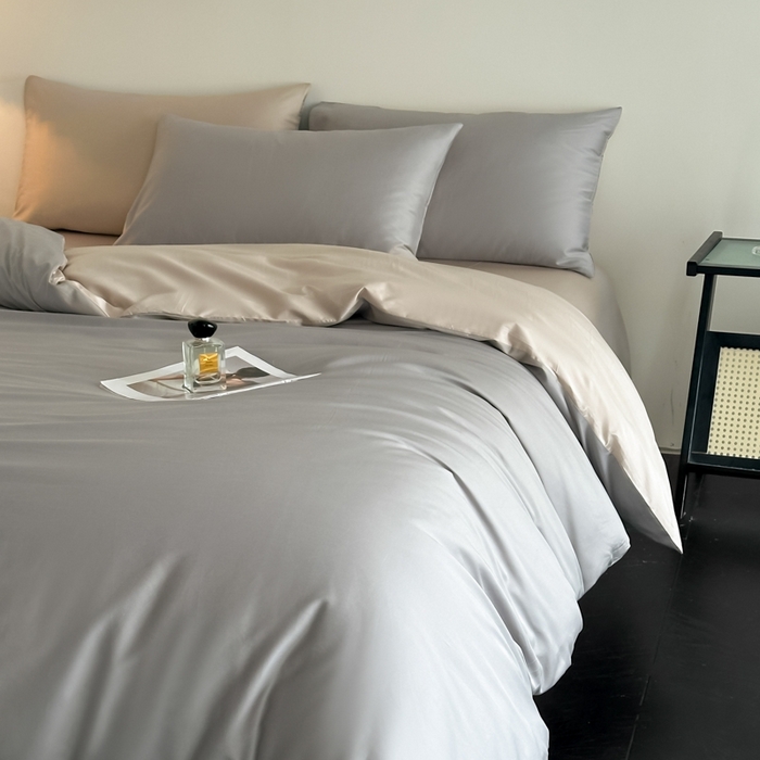 91家纺网 家纺一手货源 找家纺 ONE TWO ONE 121 2025新款高支高密长绒棉纯棉双拼撞色四件套-热麦系列 暮山烁灰