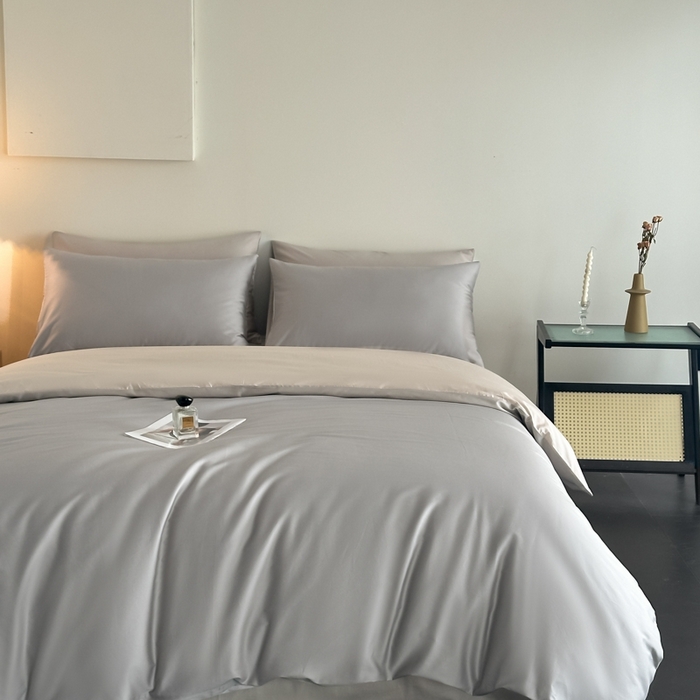 91家纺网 家纺一手货源 找家纺 ONE TWO ONE 121 2025新款高支高密长绒棉纯棉双拼撞色四件套-热麦系列 暮山烁灰