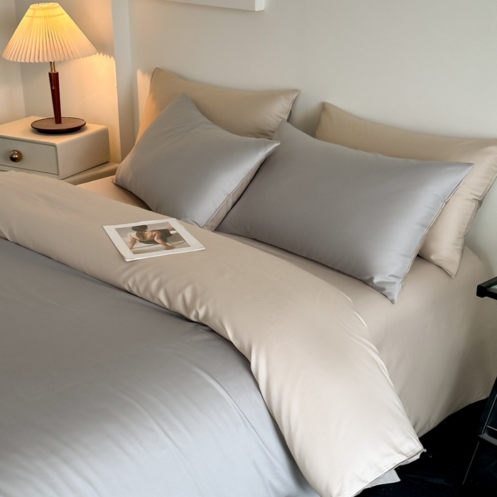 91家纺网 家纺一手货源 找家纺 ONE TWO ONE 121 2025新款高支高密长绒棉纯棉双拼撞色四件套-热麦系列 暮山烁灰