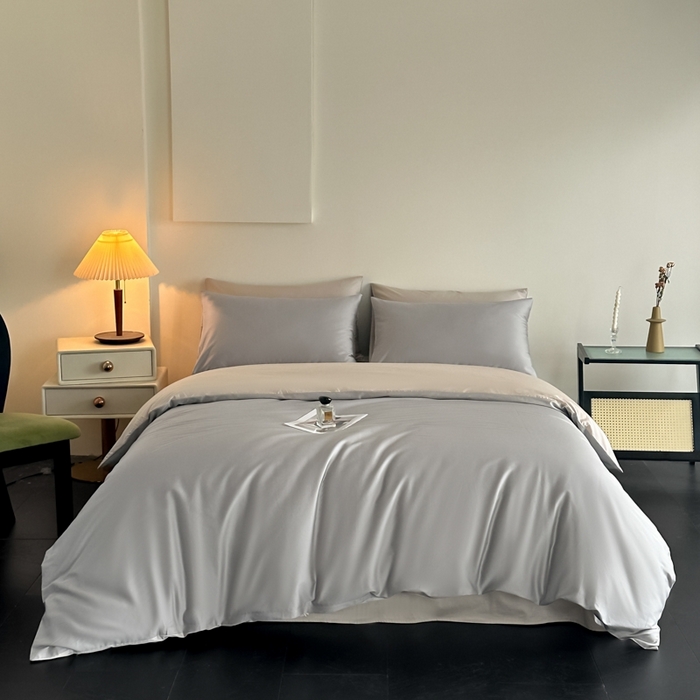 91家纺网 家纺一手货源 找家纺 ONE TWO ONE 121 2025新款高支高密长绒棉纯棉双拼撞色四件套-热麦系列 暮山烁灰