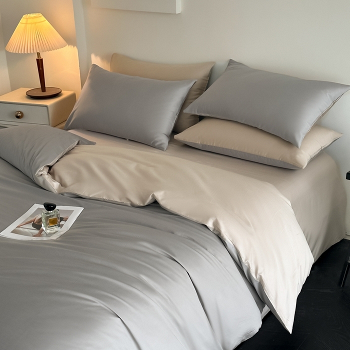 ONE TWO ONE 121 2025新款高支高密长绒棉纯棉双拼撞色四件套-热麦系列 暮山烁灰