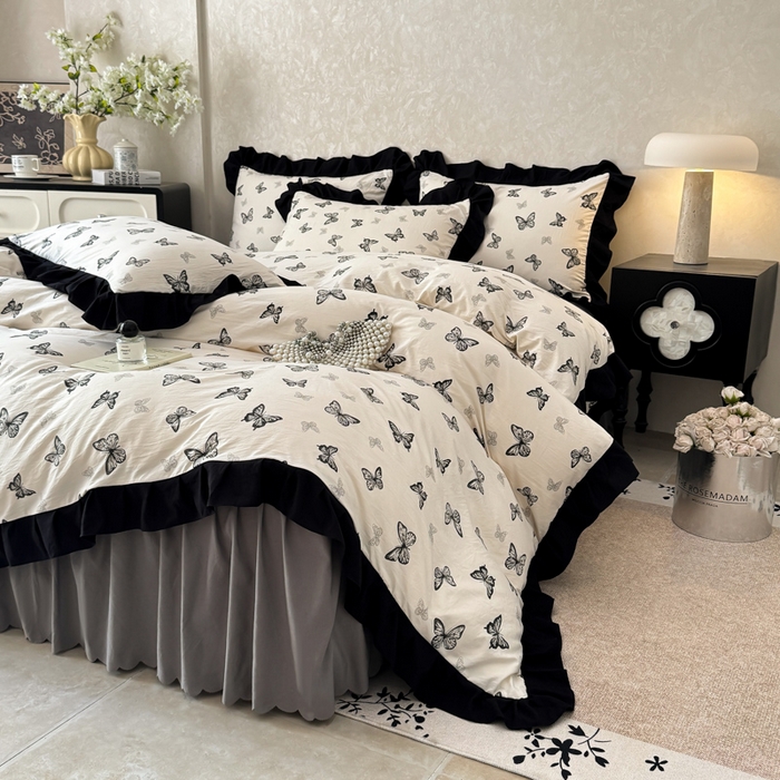 91家纺网 家纺一手货源 找家纺 上尚居 2025新款法式花边赫本风印花云朵棉四件套 蝴蝶印记