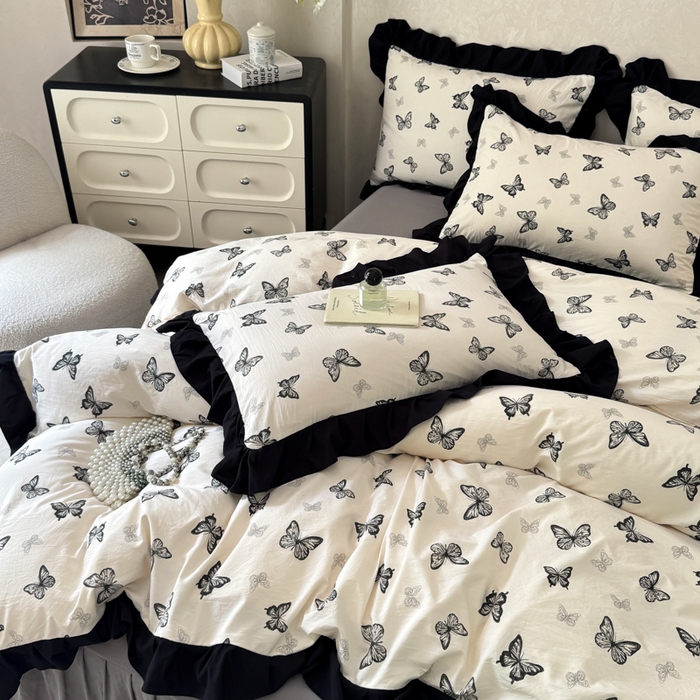 91家纺网 家纺一手货源 找家纺 上尚居 2025新款法式花边赫本风印花云朵棉四件套 蝴蝶印记