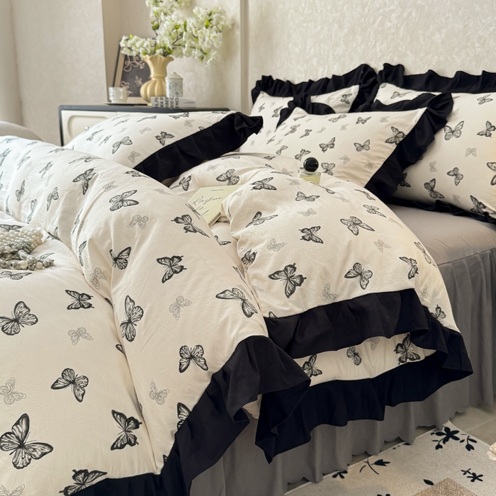 上尚居 2025新款法式花边赫本风印花云朵棉四件套 蝴蝶印记