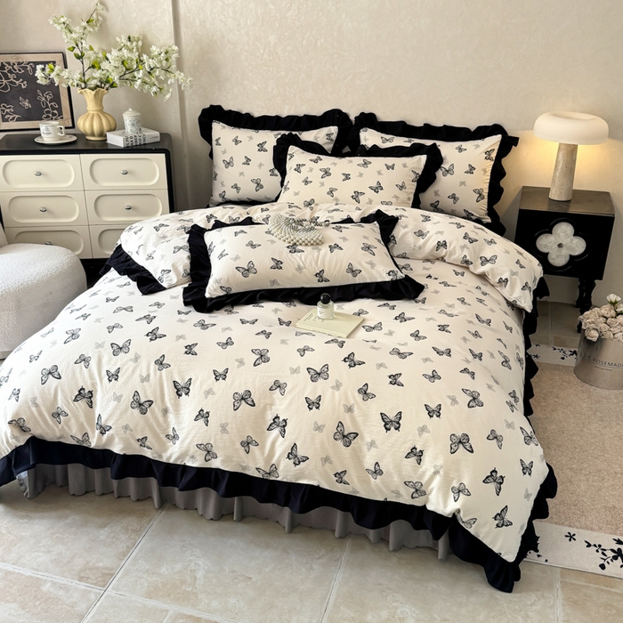 91家纺网 家纺一手货源 找家纺 上尚居 2025新款法式花边赫本风印花云朵棉四件套 蝴蝶印记