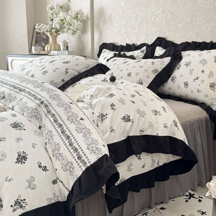 91家纺网 家纺一手货源 找家纺 上尚居 2025新款法式花边赫本风印花云朵棉四件套 花馨