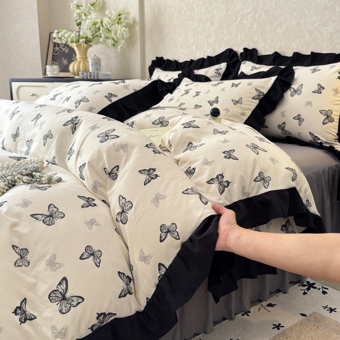 91家纺网 家纺一手货源 找家纺 上尚居 2025新款法式花边赫本风印花云朵棉四件套 蝴蝶印记