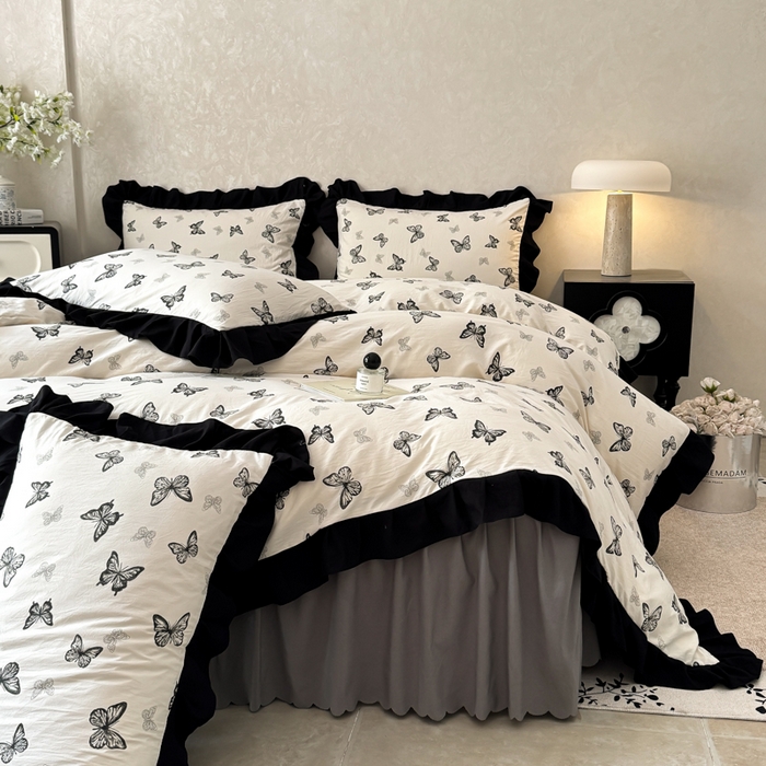 91家纺网 家纺一手货源 找家纺 上尚居 2025新款法式花边赫本风印花云朵棉四件套 蝴蝶印记