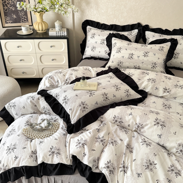 91家纺网 家纺一手货源 找家纺 上尚居 2025新款法式花边赫本风印花云朵棉四件套 晚爱