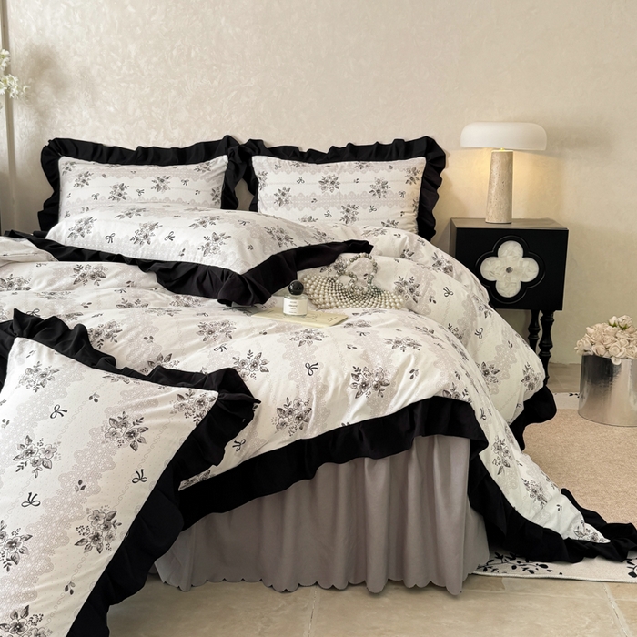 91家纺网 家纺一手货源 找家纺 上尚居 2025新款法式花边赫本风印花云朵棉四件套 晚爱