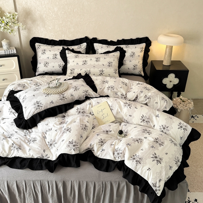 91家纺网 家纺一手货源 找家纺 上尚居 2025新款法式花边赫本风印花云朵棉四件套 晚爱