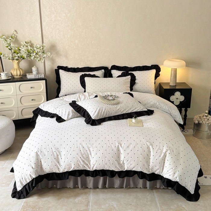 91家纺网 家纺一手货源 找家纺 上尚居 2025新款法式花边赫本风印花云朵棉四件套 点点爱