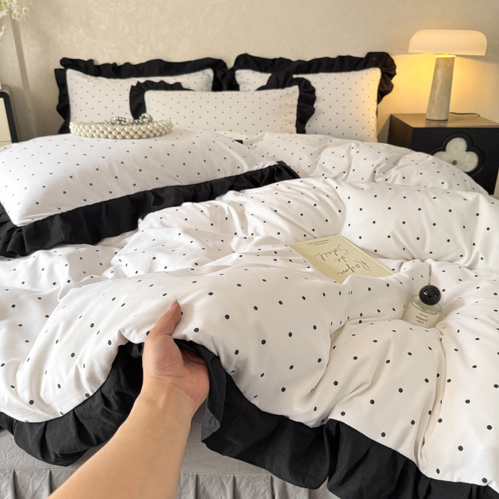 91家纺网 家纺一手货源 找家纺 上尚居 2025新款法式花边赫本风印花云朵棉四件套 点点爱