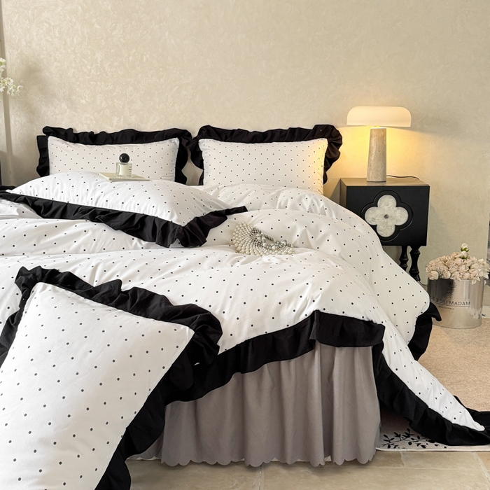 91家纺网 家纺一手货源 找家纺 上尚居 2025新款法式花边赫本风印花云朵棉四件套 点点爱