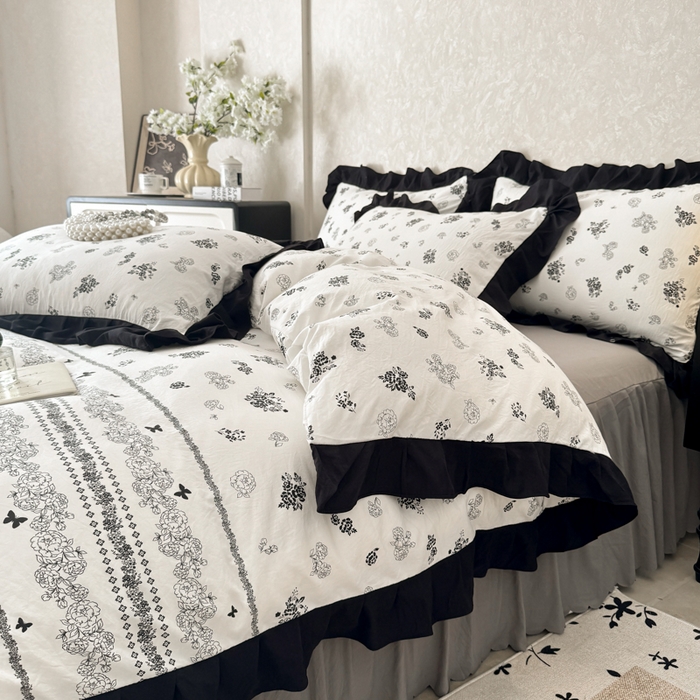 91家纺网 家纺一手货源 找家纺 上尚居 2025新款法式花边赫本风印花云朵棉四件套 花馨