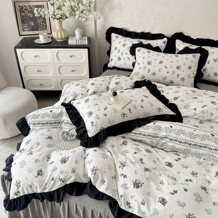 91家纺网 家纺一手货源 找家纺 上尚居 2025新款法式花边赫本风印花云朵棉四件套 花馨