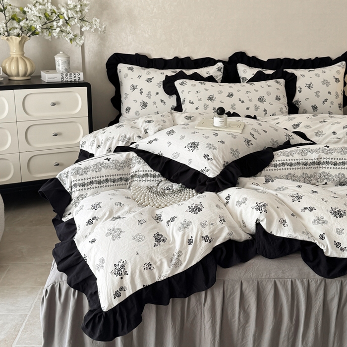 91家纺网 家纺一手货源 找家纺 上尚居 2025新款法式花边赫本风印花云朵棉四件套 花馨