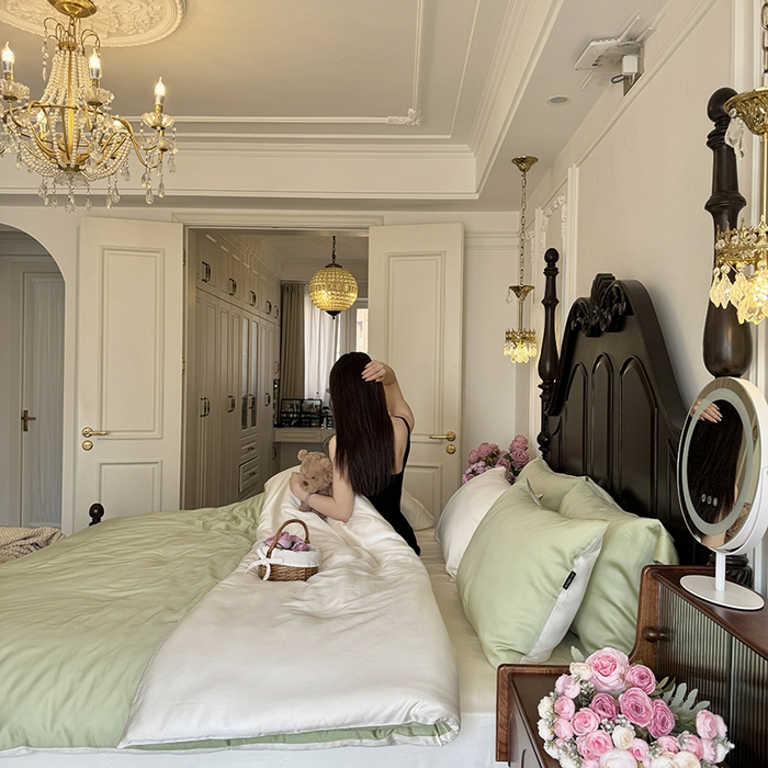 91家纺网 家纺一手货源 找家纺 秀色家纺 2025夏季新款A类60s天丝棉贡缎四件套-Cool Air系列（实拍风) Air天丝绵-抹茶奶白