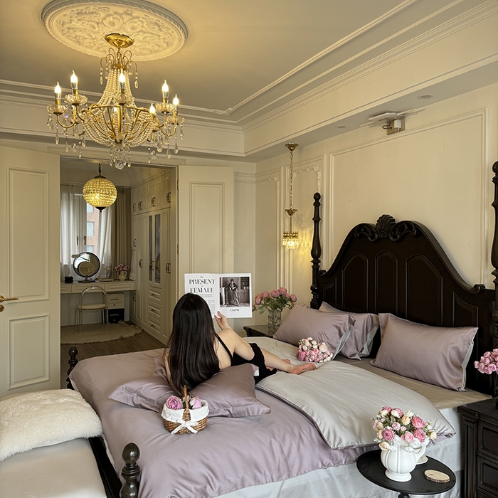 91家纺网 家纺一手货源 找家纺 秀色家纺 2025夏季新款A类60s天丝棉贡缎四件套-Cool Air系列（实拍风) Air天丝绵-迷雾紫+幻影灰