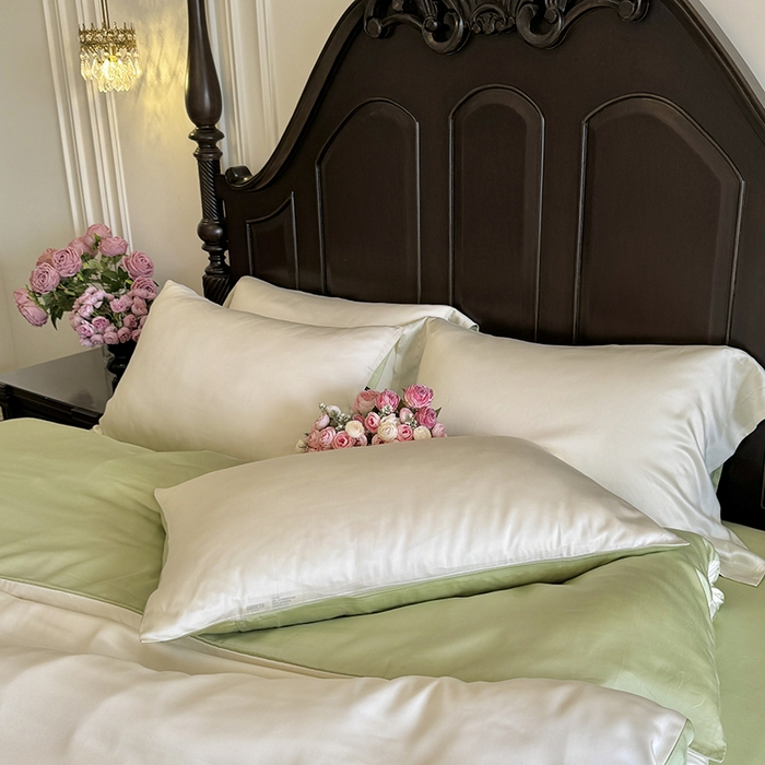 91家纺网 家纺一手货源 找家纺 秀色家纺 2025夏季新款A类60s天丝棉贡缎四件套-Cool Air系列（实拍风) Air天丝绵-奶白抹茶