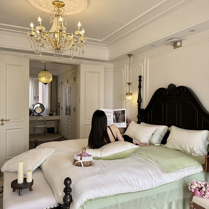 91家纺网 家纺一手货源 找家纺 秀色家纺 2025夏季新款A类60s天丝棉贡缎四件套-Cool Air系列（实拍风) Air天丝绵-奶白抹茶