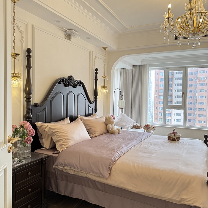 91家纺网 家纺一手货源 找家纺 秀色家纺 2025夏季新款A类60s天丝棉贡缎四件套-Cool Air系列（实拍风) Air天丝绵-桃灰粉+迷雾紫