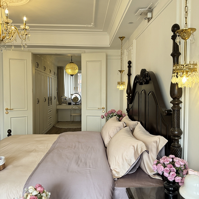 91家纺网 家纺一手货源 找家纺 秀色家纺 2025夏季新款A类60s天丝棉贡缎四件套-Cool Air系列（实拍风) Air天丝绵-桃灰粉+迷雾紫