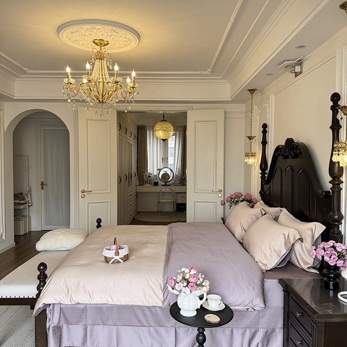 91家纺网 家纺一手货源 找家纺 秀色家纺 2025夏季新款A类60s天丝棉贡缎四件套-Cool Air系列（实拍风) Air天丝绵-桃灰粉+迷雾紫