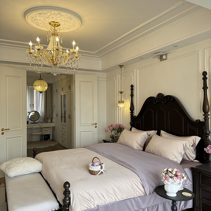 91家纺网 家纺一手货源 找家纺 秀色家纺 2025夏季新款A类60s天丝棉贡缎四件套-Cool Air系列（实拍风) Air天丝绵-桃灰粉+迷雾紫