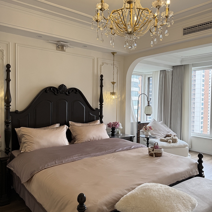 91家纺网 家纺一手货源 找家纺 秀色家纺 2025夏季新款A类60s天丝棉贡缎四件套-Cool Air系列（实拍风) Air天丝绵-桃灰粉+迷雾紫