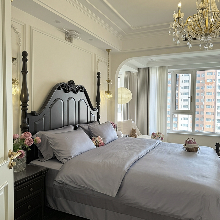 91家纺网 家纺一手货源 找家纺 秀色家纺 2025夏季新款A类60s天丝棉贡缎四件套-Cool Air系列（实拍风) Air天丝绵-星雾蓝