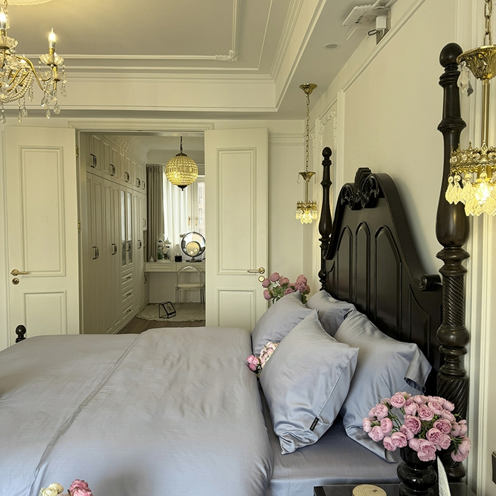 91家纺网 家纺一手货源 找家纺 秀色家纺 2025夏季新款A类60s天丝棉贡缎四件套-Cool Air系列（实拍风) Air天丝绵-星雾蓝