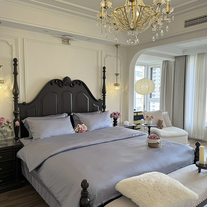 91家纺网 家纺一手货源 找家纺 秀色家纺 2025夏季新款A类60s天丝棉贡缎四件套-Cool Air系列（实拍风) Air天丝绵-星雾蓝