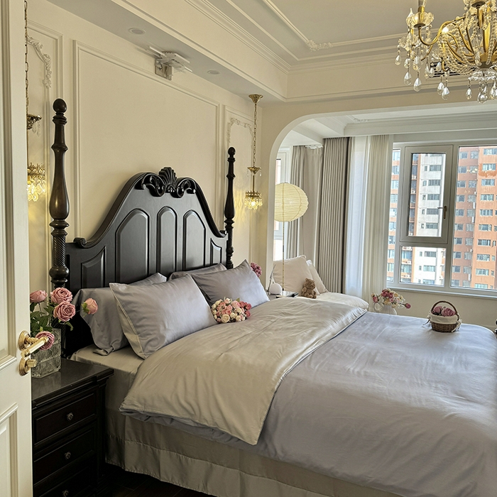 91家纺网 家纺一手货源 找家纺 秀色家纺 2025夏季新款A类60s天丝棉贡缎四件套-Cool Air系列（实拍风) Air天丝绵-星雾蓝+薄雾灰