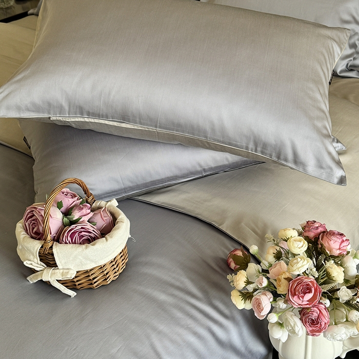 91家纺网 家纺一手货源 找家纺 秀色家纺 2025夏季新款A类60s天丝棉贡缎四件套-Cool Air系列（实拍风) Air天丝绵-星雾蓝+薄雾灰