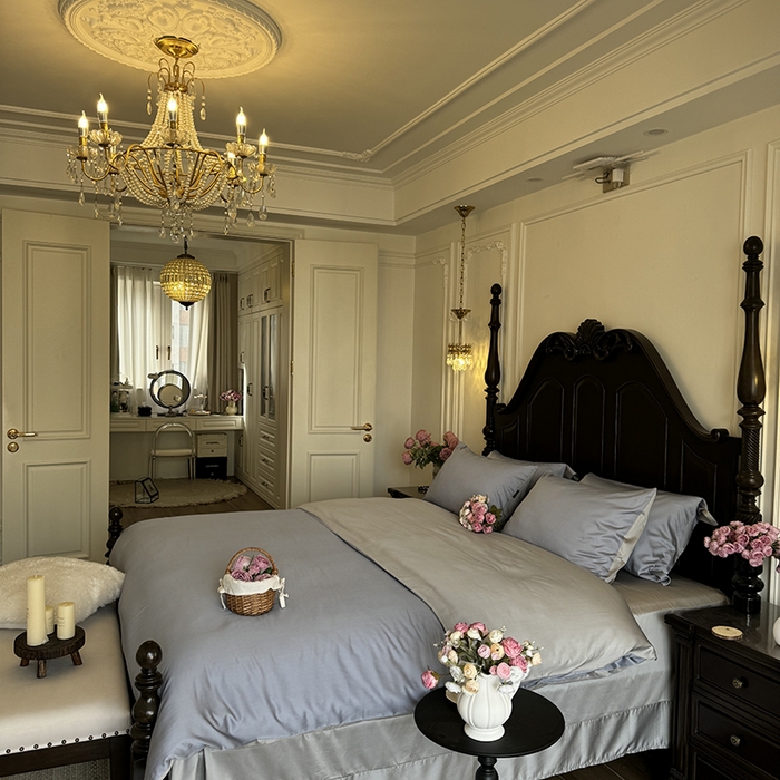 91家纺网 家纺一手货源 找家纺 秀色家纺 2025夏季新款A类60s天丝棉贡缎四件套-Cool Air系列（实拍风) Air天丝绵-星雾蓝+薄雾灰