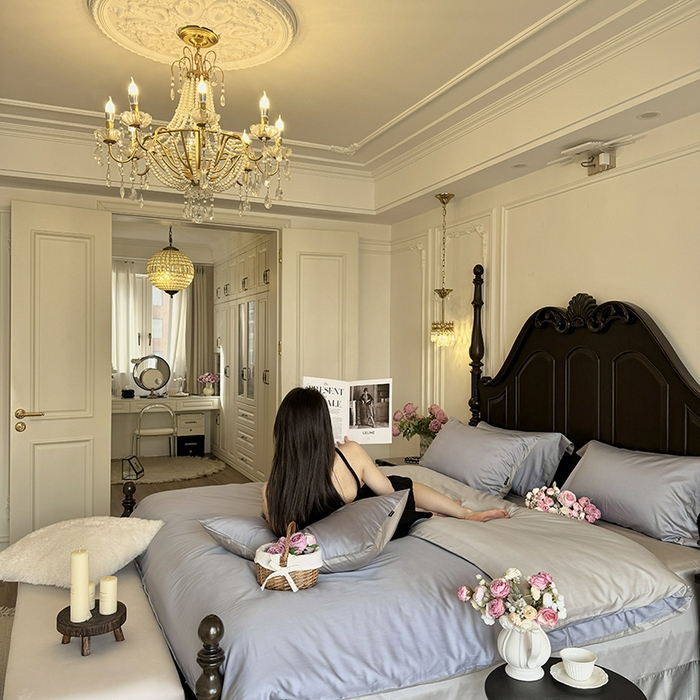 91家纺网 家纺一手货源 找家纺 秀色家纺 2025夏季新款A类60s天丝棉贡缎四件套-Cool Air系列（实拍风) Air天丝绵-星雾蓝+薄雾灰