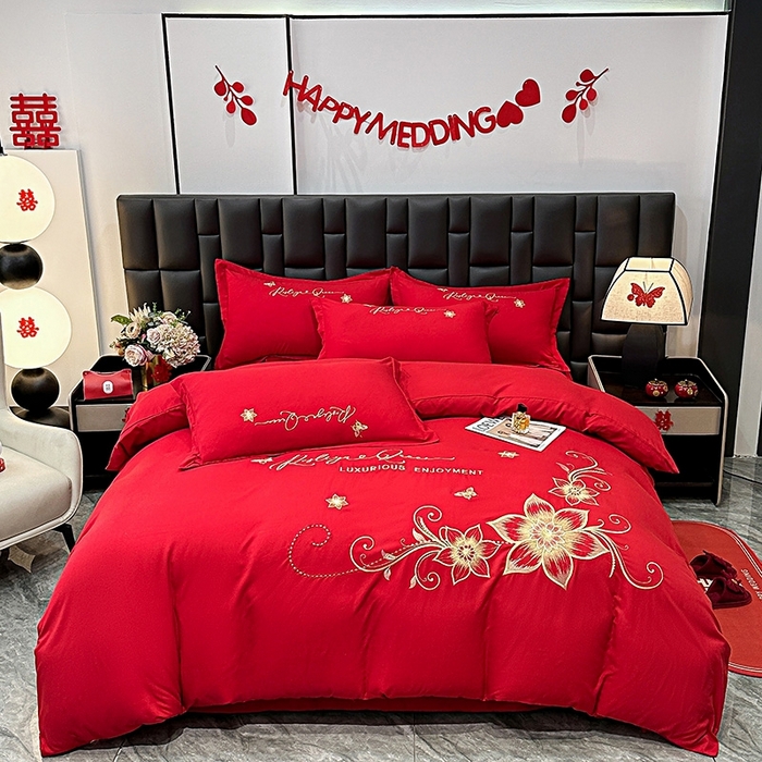 91家纺网 家纺一手货源 找家纺 大麦乐田 2025新款磨毛婚庆大红刺绣床裙款四件套 绮梦 大红