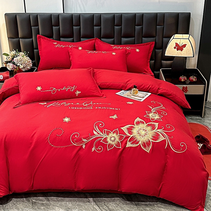 91家纺网 家纺一手货源 找家纺 大麦乐田 2025新款磨毛婚庆大红刺绣床裙款四件套 绮梦 大红