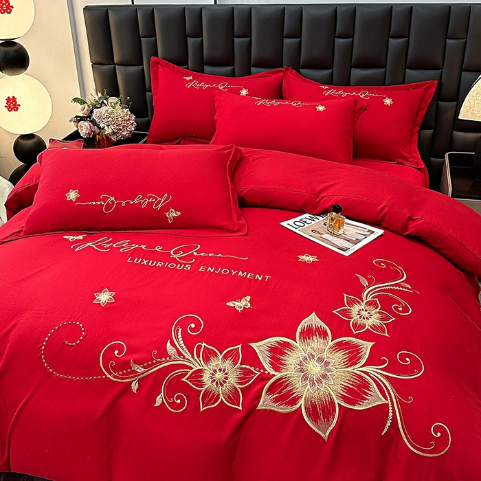 91家纺网 家纺一手货源 找家纺 大麦乐田 2025新款磨毛婚庆大红刺绣床裙款四件套 绮梦 大红