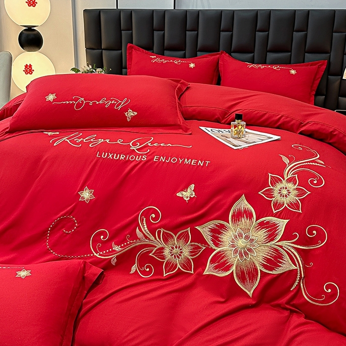 91家纺网 家纺一手货源 找家纺 大麦乐田 2025新款磨毛婚庆大红刺绣床裙款四件套 绮梦 大红