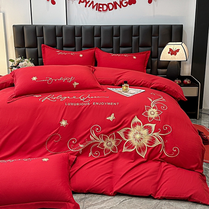 91家纺网 家纺一手货源 找家纺 大麦乐田 2025新款磨毛婚庆大红刺绣床裙款四件套 绮梦 大红