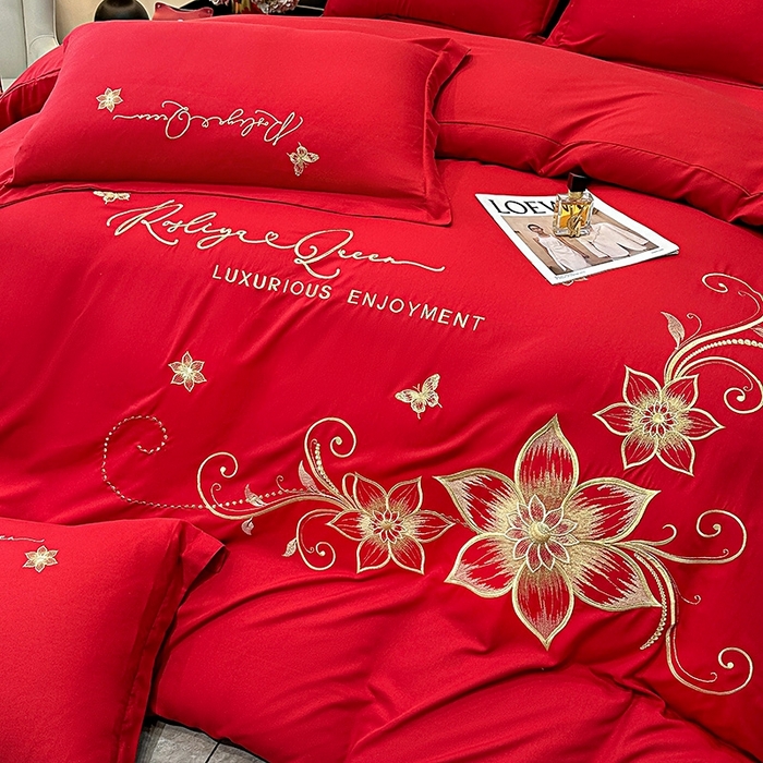 91家纺网 家纺一手货源 找家纺 大麦乐田 2025新款磨毛婚庆大红刺绣床裙款四件套 绮梦 大红